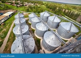 Забор перед бетонной ванной, он из сетки.
Молниеотводы могут быть просто не видны при таком качестве фото.
Металлические зернохранилища обычно строят с конусообразной крышей.