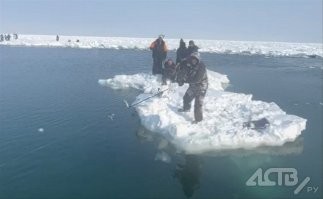 Дрейфующих на льдине сахалинских рыбаков под песню про мамонтёнка - неофициальный гимн унесенных в море любителей подлёдного лова, вытянули к берегу на верёвке....