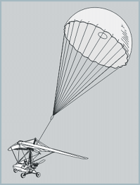 Автомобили, БТТ,.. Я сам швартовал МКСы. Это производится на специальных десантируемых платформах. И подобных технологий нет ни у кого, кроме нас! )) Я имею в виду парашютное десантирование тяжёлого транспорта. Например, пендосы ничего тяжелее Хамви десантировать не способны. 
Можно и на дельтаплан примастрячить камеру с куполом и механизмом его выброса, не стану спорить. Но какова будет его эффективность на такой небольшой высоте. Второе, это вес с учётом центровки всего: планер + пилот. Т.е. Думается, надо тогда увеличить вес под крылом. Уверен, такие мысли и идеи посещают воздухоплавателей со времён первых полётов )) Тогда почему за эти десятилетия не родилось ничего эффективного?