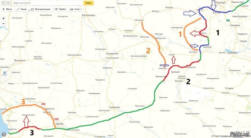 Участок фронта от Запорожья до Покровска
Накидал простенькую схему
Участки фронта разбиты по трем цветам и по трем зонам
-Красный это инициатива у нас
-Синий - у противника
-Зеленый -  боевые действия низкой интенсивности

Оранжевый - это основные, хорошо подготовленные рубежи обороны ВСУ. 

Зона №1 - Покровская
ВСУ давят наши фланги. В центре враг вполне может отойти на укрепленный рубеж №1, а при неподвижных флангах у Удачное и Андреевки,  мы получаем огневой мешок, большие потери 

Зона №3 Запорожская
Вроде бы есть некоторая схожесть с предыдущей, но левый фланг прикрыт водной преградой, а правый за три года укрепили не хуже чем у хохлов. И наша подкова создаст угрозу Орехову, пусть чисто теоретическую, но реагировать Генштабу Украины придется. Нам этот фланг и так надо будет укреплять. И конечно, выход на рубеж Камышевахи это уже осязаемая, жуткая смертельная опасность группировке ВСУ в Запорожье и далее везде. Поэтому экскаваторы копают, бульдозеры гребут, хохлы строят укрепления не останавливаясь.

Зона №2 Великая Новоселка
Самая перспективная. Как раз район Бурлацкого. Наступление идет на Комар, между оранжевыми рубежами №1 и 2, с хорошей перспективой, в том числе создания врагу окружения у 
Богатыря и выхода в тыл рубежу №1. Поэтому ВСУ так стучатся резервами в Андреевку.  И атакуют от Шевченко нам во фланг, другой контригры тут у Генштаба ВСу нет. Если потеряют Вольное поле, то лишатся и этой возможности нормально ударить. А будут просто мелкими хилыми фтыкателями