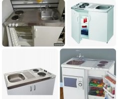 Продают у нас такого плана миникухни. 
Собственно, какая разница, в одном корпусе мойка с раковиной или просто рядом стоят в одной столешнице?