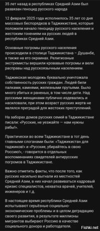 Печально, когда народ имеет короткую память, а ведь описанные события были совсем недавно в масштабах истории. Практически вчера. И вот граждане Средней Азии приехали в Россию. И как очень точно описывает ситуацию цитата сенатора Андрея Клишаса: «Они приехали жить не с нами, они приехали жить вместо нас».