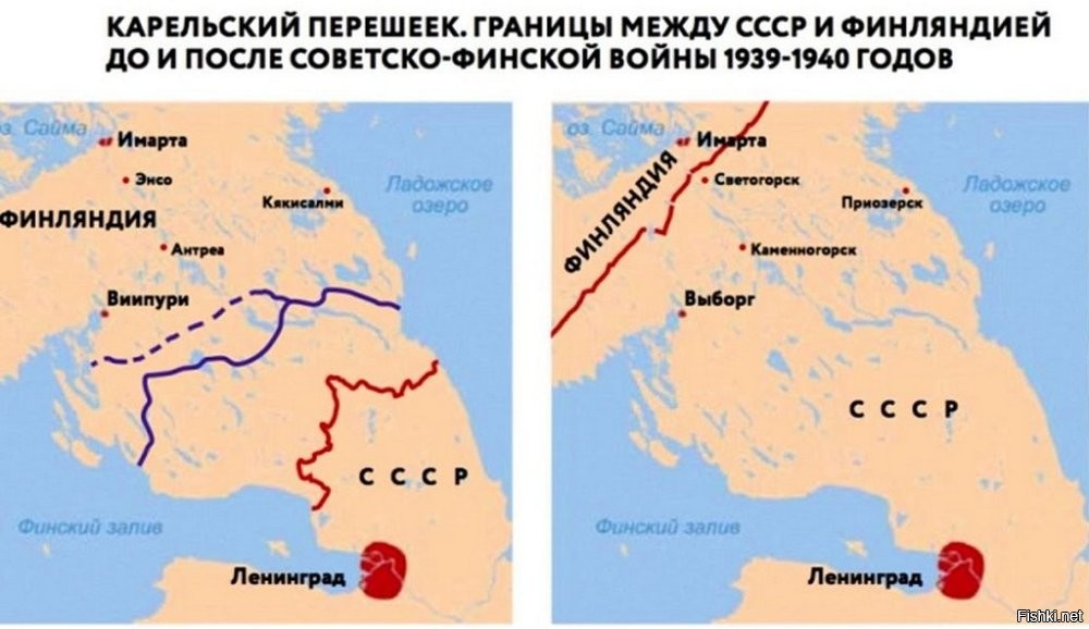 Вот карта 1942 года. Финны с севера стояли вдоль старой границы ("спрямив" ее в свою пользу). Можете почитать - боев там не было. А вот карты итогов Зимней войны. Все территориальные приобретения были отданы назад.

Тема репрессий - это уже другая тема. Вызвало сомнения соотношение репрессированных – 3/4? Я его примерно написал, наверно, потери были дальше больше. В любом случае это как раз очень легко проверить, вот детали.
Есть поименная информация о репрессиях на 1938 (если кто-то получил звание маршала после 1938 или был репрессирован после 1938, в этом списке его не будет). Я могу привести имена всех по каждому из списков, с информацией кто именно был репрессирован. Списки длинные, выберите категорию и я приведу все имена (как "всго" командиров, так и репрессированных). Размещать длинные простыни неинтересно.
МАРШАЛЫ СОВЕТСКОГО СОЮЗА (из 5 репрессированы 3)
КОМАНДАРМЫ 1-го РАНГА (из 5 репрессированы 3)
КОМАНДАРМЫ 2-го РАНГА (11, репрессированы все)
ФЛАГМАНЫ ФЛОТА 1-го РАНГА (2, репрессированы все)
ФЛАГМАНЫ ФЛОТА 2-го РАНГА (2, репрессированы все)
ФЛАГМАНЫ 1-го РАНГА (из 6 репрессированы 5)
АРМЕЙСКИЙ КОМИССАР 1-го РАНГА (1, репрессирован)
АРМЕЙСКИЕ КОМИССАРЫ 2-го РАНГА (15, репрессированы все)
КОМКОРЫ (из 57 комкоров 50 репрессированы)

Ну или вот поименные списки репрессированных: 
(но это за все года, включая после 1938, так что количество репрессированных больше).
«он победил, а значит все сделал правильно» - ну да, ну да, вот только положив по разным данным от 22 до 28 миллионов советских граждан – потому что армия была совершенно не готова в первую очередь благодаря его репрессиям!