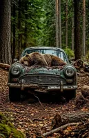 Какой фейл фотошопера. Ширина авто тех лет (марку, к сожалению не распознал, возможно Остин Хили) порядка 1,6 м.  Получается медведь в длину не больше 1,4 м. По пропорциям - явно взрослый. Карликовый? Болель?