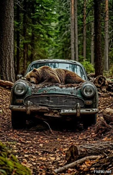 Какой фейл фотошопера. Ширина авто тех лет (марку, к сожалению не распознал, возможно Остин Хили) порядка 1,6 м.  Получается медведь в длину не больше 1,4 м. По пропорциям - явно взрослый. Карликовый? Болель?
