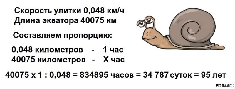 Чёта за улитку обидно стало, ползти ей бедной (по версии автора) 4575 лет! Решил проверить - и так считал, и так - у меня получается 95 лет! А это в 48 раз меньше. Уже ей бедной легче! Выкладываю расчёты, математики помогайте.