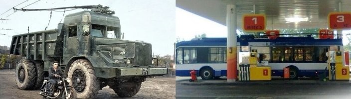 А вот поставить генератор на эту халобуду, на бензине или солярке, который питал бы эти два электродвигателя они не догадались! У нас так троллейбусы ходят, где нет контактной линии.