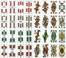 Вот, классическая немецкая колода. Начинается с семёрок и да, дам в ней тоже нет, есть, как я писал выше "сержант".
Хотя, насколько я помню, бывают ещё и смешанные колоды, где масти немецкие, но дамы присутствуют.