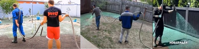 Не специалист по жидким газонам, но погуглив, всё-таки думаю, что на гифке простая покраска. Там совсем другая технология, взять хотя бы толщину шланга.