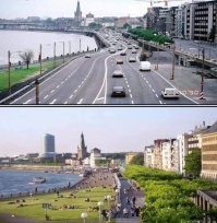 Набережная вдоль Рейна в старом центре Дюссельдорфа   здесь была дорога, а теперь променад.Дорогу же убрали подземлю.
В 1993 году был открыт тоннель длиной почти 2 км а уже в 1995 году была открыта пешеходная набережная над ним.