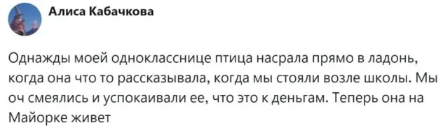 У меня есть товарищ,наступил в собачью какаху,пошёл вытирать и сверху птица нагадила.Казалось бы беспроигрышная примета,но.....