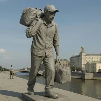 Отличная идея!

На площади перед Казанским, входит в двери вокзала.

Из нагрудного кармана торчит билет "One way".
Из сумок выпадают рваные носки.

На заднице отпечаток 47-го размера.