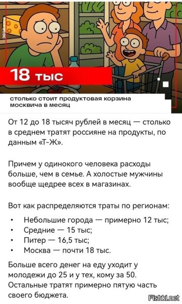 «А, кого они опрашивают?»


Ну, я, например, в Мск трачу на прожор (без кафе и ресторанов, где бываю только по работе, потому это не может в корзину идти) примерно 20К. Это со вкусняшками.
Просто,  кастрюляку борщечка сварил в выходные – неделю, даже, если нет сил, есть, что покушать уже в любое время. Полуфабрикаты не покупаю (удельная стоимость еды тут сильно дороже). Покупаю исходные продукты. Готовить умею (бабы признаются, что вкусно ;), время много на это не трачу потому. Пока что-то шкворчит – могу Фишки посмотреть, по ходу дела. ))

В молодости часто покупал готовую еду и полуфабрикаты (типа, "только разогреть").
Это дерьмо. Не вкусно. Дорого.

Научился готовить. Проблем не испытываю. Быстро, дешевле, вкусно, полезно.
Молодёжь призываю к тому же!!!

Когда был в каком-нить быстро-пите – вообще уже не помню. )))
Хотя... нет. Года три назад, пока ждали контрагента, съели с коллегой по шаурме. ;)
