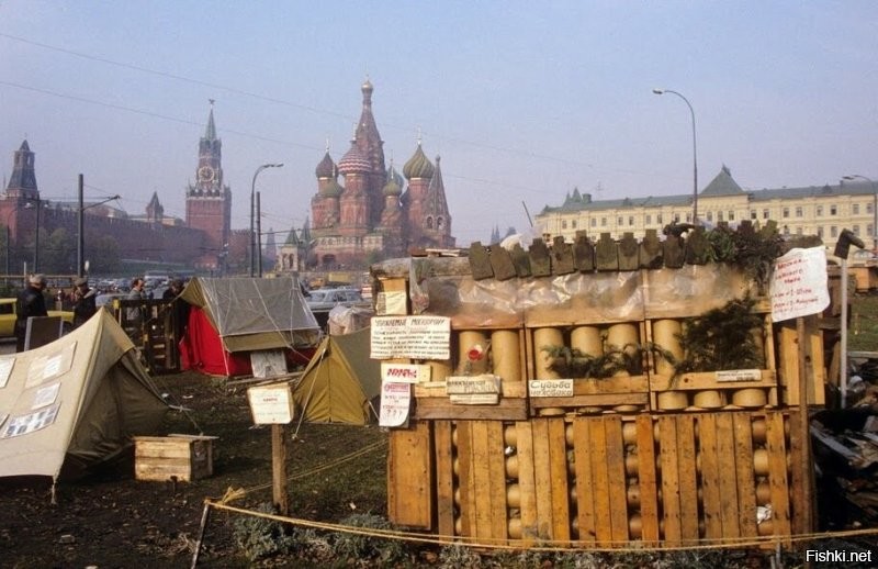 В июле 1990 года на Красной площади недалеко от Васильевского спуска в считанные дни вырос несанкционированный властями палаточный городок. Здесь уже на постоянной основе разместились недовольные происходящим в стране.  В расположенной рядом гостинице "Россия" жили депутаты съезда Верховного Совета, которые ходили на заседания в Кремль как раз через территорию лагеря, что позволяло бастующим лицом к лицу пообщаться с народными избранниками. В палаточном городке проживала «сборная солянка»   беженцы из Карабаха, граждане без жилья, всякие колдуны, пророки и непризнанные изобретатели, а также «диссиденты и ходоки к Горбачеву».
Ночью 30 декабря подъехал ОМОН и в считанные минуты зачистил территорию, скрутив и посадив в машины всех бастующих. При этом не было ни драк, ни побоев. За силами правопорядка прибыли грузовики, погрузили все содержимое лагеря в кузова и увезли на свалку.