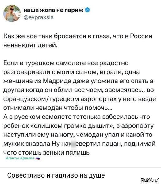 В таком случае, чтобы не было совестливо и гадливо на душе, всем ноющим ушлепкам не стоит соваться в российские аэропорты, а так и оставаться во французских, турецких и т. д.?