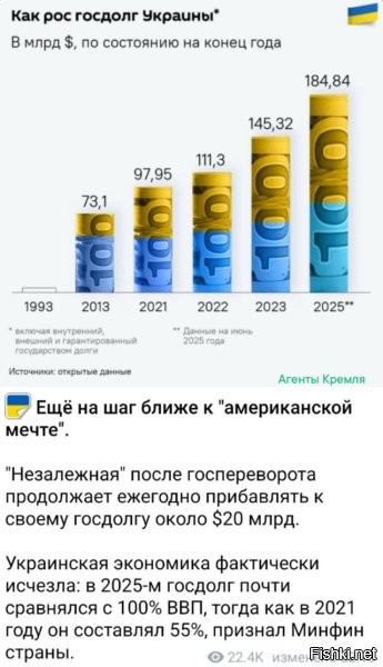 Ну, до американских 37 триллионов им ещё далеко. Тем более, что Украина, в этом плане, выгодно отличается от Америки. С них и так брать нечего, а скоро будет и не с кого. Вопрос к тем, кто продолжает давать Украине в долг: Вы что, реально не видите к чему всё идёт?