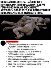 Помпеи, 79... Два друга жили душа в душу с детства. Вместе выросли, прошли войну, сражались плечом к плечу. Гуляли на свадьбах друг у друга. Их дети вместе гуляли...
И тут начинается извержение вулкана. Видя, что уже не спастись, один друг прибегает в дом другого и говорит:
- Достойную жизнь мы с тобой прожили, но теперь пришло наше время. Давай обнимемся на прощание!

Прошли годы... Века... Тысячелетия... Археологи откапывают из пепла небольшой дом и находят два обнимающихся мужских скелета.
- О! Смотри! Гомики!