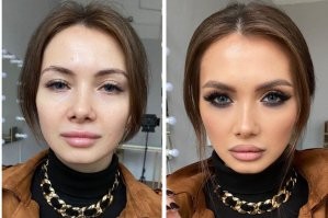 Умный автор додумал за тупых женщин, а потом приписал им своим мысли. То, что мы видим на рисунке, было бы корректным примером, если бы жируха думала, что после косметики она вдруг постройнела. 

Но это так не работает. 

Больше подходит аналогия, что жравое корыто покрыли виниловой пленкой, после чего оно временно стало похоже на "новую" машину. И в этом смысле женщины оказываются правы.