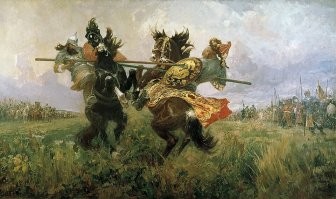 Просто напоминаю историю.
Начало куликовской битвы - по тому времени сперва на поединок сходились пара лучших воинов по одному от каждой из сторон.
От русского войска - Пересвет, от татаро-монгол - Челубей.
Победа одного из них давала большое моральное преимущество в дальнейшей битве.
Победил Пересвет, поскольку даже мертвый не упал с коня.