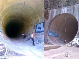 Водосброс плотины Монтичелло в Калифорнии. После строительства и до начала заполнения водохранилища + вид снизу в сухую погоду.
А так он выглядит сверху большую часть времени.