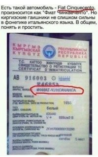 Я об этом уже писал. 
Нет такой машины, не существует. 
Это специальное искажение названия Fiat Cinquecento. 

Но! Нарисован не Фиат! 
Да, издали и в темноте, похоже, особенно если глаза закрыть.  

Нарисована там Ока. 
С очень небольшими дополнениями. 

Ну отличаются эти машины. 
И сразу видно, что это именно Ока, а не "чунгачанга". 

Ну сами фотки посмотрите.