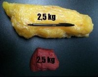 Если на снимке 2,5 кг мяса, то какого размера, простите эта ручка?!