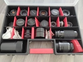 3 чемоданчика для шурупов с объективами. В основном советские. От 50мм до 85мм.
Смысл хобби заключается в том что ...
1) Этап. Ты мониториш каждый день на сайте продаж обьективы, и когда ценник заниженый созваниваешся с продавцом, прыгаеш в машину, едеш и покупаеш. 
2) Этап. Чистка линз, переборка , смазка, подкраска.
3) Этап. Сделать пару фото (его может и не быть) . И положить в чемоданчик для шурупов.