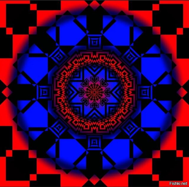 Эффект называется хромостереопсис. В интернете полно хороших описаний причины возникновения. Восприятие сильно зависит от силы зрения. Близорукие как правило видят красный впереди, дальнозоркие - синий.