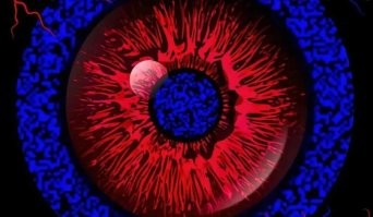 Эффект называется хромостереопсис. В интернете полно хороших описаний причины возникновения. Восприятие сильно зависит от силы зрения. Близорукие как правило видят красный впереди, дальнозоркие - синий.