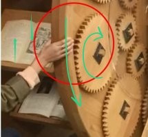 Чёй-то? 
Эта шестерня вращается относительно корпуса. 
Она полку поворачивает, на которой книга лежит. 

И если рука будет не сверху, а снизу от шестерни, то может и зажать. 
Там, конечно, зазор большой, но всё же.