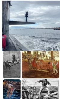 Мужчина шагает с подводной лодки на другой корабль в открытом море