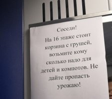 в доме есть лифт, спусти на первый этаж свою корзину оставь объявление что это даром и будет тебе счастье....вот реально я бы не поехал на 16 этаж из за груш