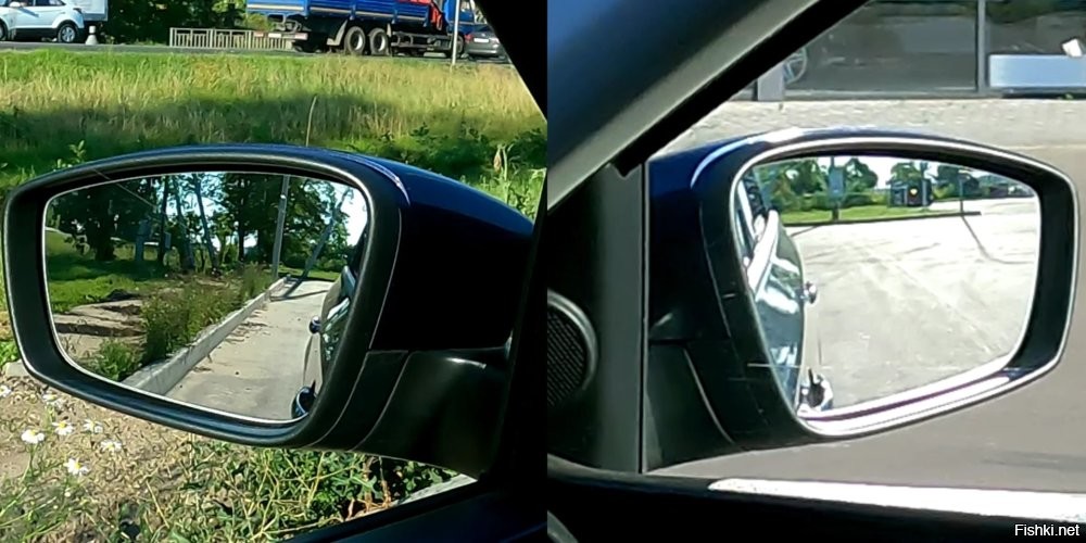 В момент аварии он ехал прямо. Не думаю что ему надо было включать поворотник при езде прямо. В момент удара манёвр совершал водитель машины.
Там где был мот, там нет слепой зоны, разве что водятел не настроил зеркала.
Вот такой вид должен быть в зеркалах, всё прекрасно видно, бок машины и всё что рядом и сзади.