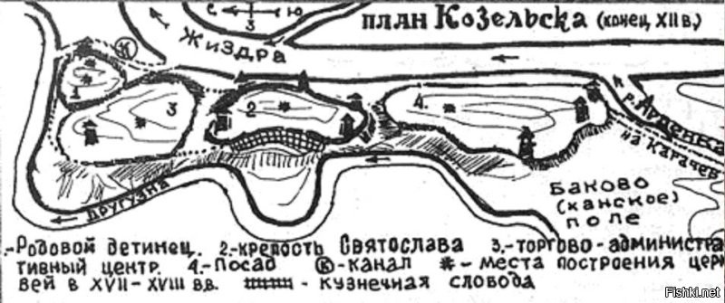 Да уж. Вот реальная схема Козельска. Режыссёру передайте.
Видно, что со всех сторон окружен реками, а где нет рек - ров.