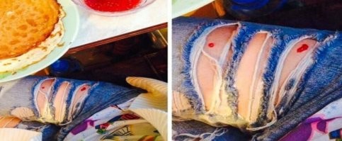 Очевидно, что рваные джинсы, над которыми теперь можно кушать блины с варением.