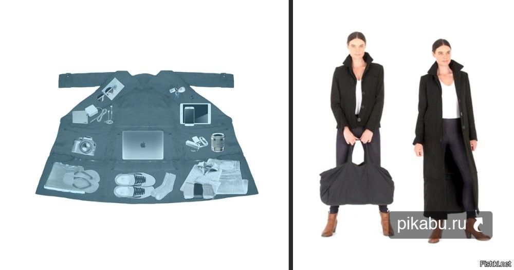 Пальто-чемодан для полета лоукостером. Снабжено большими внутренними карманами.  Поднявшись на борт можно снять и свернуть до размеров спортивной сумки и закинуть на багажную полку.