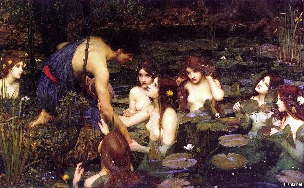 Я тоже заинтересовался 

Гугл говорит, что это "Sirens" by James Jebusa Shannon (1900) и мужика среди них нет.

А если загуглить "Гилас и нимфы", то 
выпадет, реально, картинка  Джона Уильяма Уотерхауса, с мужиком )))

(кликабельно)