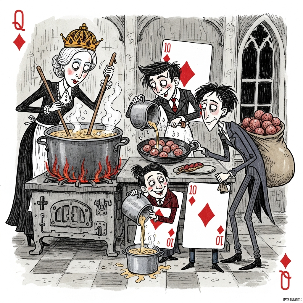 Дама Бубён Варила бульон
И жарила десять котлет.
Десятка Бубён Украла бульон,
Котлеты украл Валет.