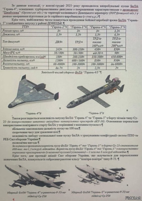 По мнению противника разработчики прорабатывают варианты применения "Герань-5" с авиационных носителей, в частности самолетов Су-25, с целью увеличения дальности и удешевления использования. Отдельно рассматривается возможность оснащения аппарата ракетами класса "воздух-воздух" Р-73 для противодействия украинской авиации.