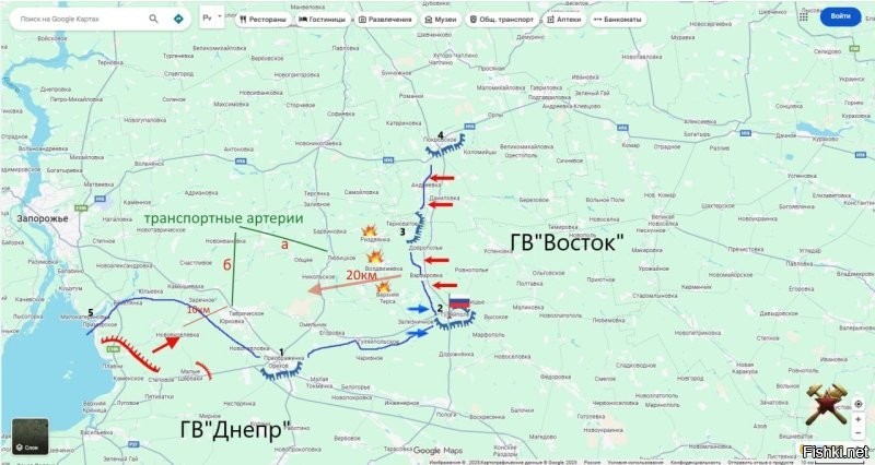 Ореховское направление (Запорожский фронт)
Еще немного стратегии.
Группировка "Восток" пробивает дыру на участке Терноватая-Гуляй-поле (3-2), с перспективой выхода к шоссе Новониколаевка-Орехов (на схеме "а"). Это около 20 км слабо укрепленной территории.
Группировка "Днепр" аккуратно и неспеша разбирает укрепы перед мощной оборонительной дугой Орехов-Малокатериновка (1-5). Ее цель шоссе Запорожье-Орехов (на схеме "б"), но вряд ли будут резать физически, скорее всего накроют дистанционно, как под Купянском и Красноармейском.