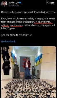 Не сыпь мне соль на сахар. Я сам в ***е.

*

Все слои украинского общества в той или иной форме занимаются массовым производством беспилотников: в квартирах, офисах, на складах, на военных базах, у подростков, стариков, айтишников…

«Виолетта Олийнык из Черновцов делает FPV -дроны для украинских защитников дома. Она научилась собирать дроны на специальных курсах Victory Drones и "Беспилотник в каждый дом" . До войны Виолетта работала художником-ювелиром, создавая украшения.”

Оставляя им газ и электричество, мы оставляем его тысячам кустарных производств дронов. И потом сетуем, что из-за  плотного воздействия дронов быстрое наступление невозможно.

На заметку жалельщикам. Каждый ФАБ - обравдан. Каждая выведенная из строя электростанция, каждый обесточенный хохло-будынок - приближают победу.