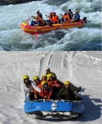 На рафте. 
А если скользкий линолеум на дно прикрепить, то это вообще неуправляемый снаряд, низколетящий.