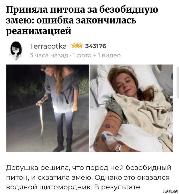 Может, всё же, приняла щитомордника за безобидную змею - питона. 

Хотя и питон уди(а)вить может.