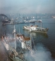 Суда китобойной флотилии "Советская Украина" в Одесском порту.

«Советская Украина» - китобойная база проекта 392, построенная на Николаевском судостроительном заводе имени Н. И. Носенко УССР, в 1956-1959 годах.

«Советская Украина» крупнейшая в мире китобаза, была способна перерабатывать 75 китов в сутки суммарным весом 4000 тонн. В 1959-1987 годах - флагман одноименной китобойной флотилии, последняя промысловая флотилия Союза ССР, ведшая добычу китов в Антарктиде, всего было добыто, по официальным данным, более 37 000 животных. С 1987 года переделана под рыбоконсервную базу, в 1995 году продана Украиной в Турцию на металлолом.