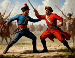 тоже попросил ИИ изобразить "дуэль казака и австрийца",
казак, видимо, справа...