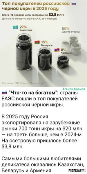 Что-то не вижу в этом списке Россию. Видимо она в тех 50%-х, что купили меньше 8%. Наверное россияне чёрную икру не любят, вот и приходится продавать её за границу. Не пропадать же.