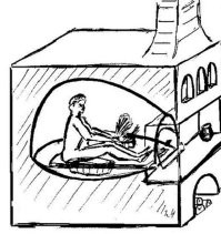 "....А уж дед с веником у печи, это вообще бредятина, по голове внучке лупцевать?..."
_______________________
Может, дед веник подаёт бабе, которая уже в печку залезла. Судя по схеме друг друга парить веником пространство не позволяет. А сам себя можно. Залез внутрь, тебе снаружи веник подали и сидишь, паришься...