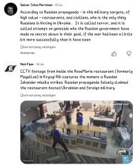 Фот, да ладно, вот прям целые фото, где вы ЦЕЛЕНАПРАВЛЕННО БОМБИЛИ РЕСТОРАН? 
В ресторане КАМЕРЫ и видео с камер в момент взрыва. Дебила ты кусок, ресторан был практически пустой, ну или все твои военные и инструкторы надели костюмы неведимки, поэтому ни до этого, ни после этого их никто не видел НИКТО
Вы, мудила пристарелая, обстреляли ресторан с людьми в густонаселенном районе города, разрушив дома и все, что рядом ЦЕЛЕНАПРАВЛЕННО. И это не первый и не последний раз.
и кто тут нацист, а ? Опять язык в жопу засунешь и перепрыгнет на новую тему?

"Заявления Минобороны РФ об уничтожении «западных инструкторов» и «командиров ВСУ» в ресторане Кривого Рога 4 апреля 2025 года были опровергнуты многочисленными доказательствами, включая записи с камер видеонаблюдения.
Отсутствие военных: Опубликованные европейскими каналами, в том числе France 24.  Записи с камер наблюдения внутри и вокруг заведения показывают, что в момент атаки и перед ней военных в ресторане не было   там находились исключительно гражданские лица, включая женщин и детей"
Так что завали свое хлебало и нахрен это воооон туда. Пошел в жопу лицемерная ты, ценичная и гнилая тварина.

И не надо скулить про скриншот, заходи на вражеский Фейсбук, Ютуб и смотри........хотя подожди, тебе ж низзя. Странно почему? Берегут твою тонкую душевную организацию, наверно.