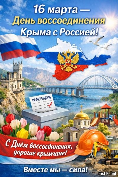 16 марта - День воссоединения Крыма с Россией
 

 
Этот день стал важной датой в современной истории нашей страны. Именно 16 марта состоялся референдум, на котором жители Крымского полуострова выразили свою волю и сделали выбор в пользу воссоединения с Россией, подтвердив стремление вернуться к своей исторической Родине.

Сегодня Крым активно развивается: строятся дороги и мосты, открываются современные детские сады, школы и медицинские центры, реализуются крупные инфраструктурные проекты. Полуостров уверенно движется вперёд, сохраняя свои традиции и культурное наследие.

Поздравляем всех крымчан с Днём воссоединения Крыма с Россией! Желаем мира, благополучия, стабильности и дальнейшего развития. Пусть этот день напоминает о силе единства, взаимной поддержке и общей ответственности за будущее нашей страны.

С праздником, крымчане! Ура!