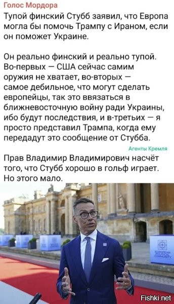 То-есть: Европа не справляется своими силами на Украине и хочет оттянуть часть этих сил в Иран, чтоб помочь Трампу, который не справляется в Иране, чтоб тот оттянул свои силы на Украину? Стубб дейсвительно туп.